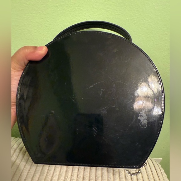 Black Round Handbag with pink silk polka dots lining - Picture 8 of 9